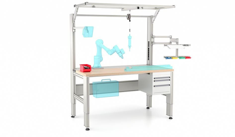 Banco de trabajo colaborativo con amplio equipamiento