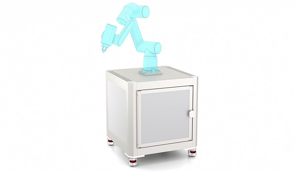 Isla de robots con mueble integrado bajo el banco