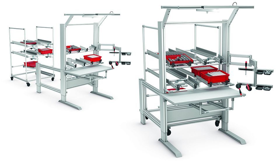 Mesa de trabajo FIFO 4E - Estación de trabajo flexible con suministro de material desde la parte posterior